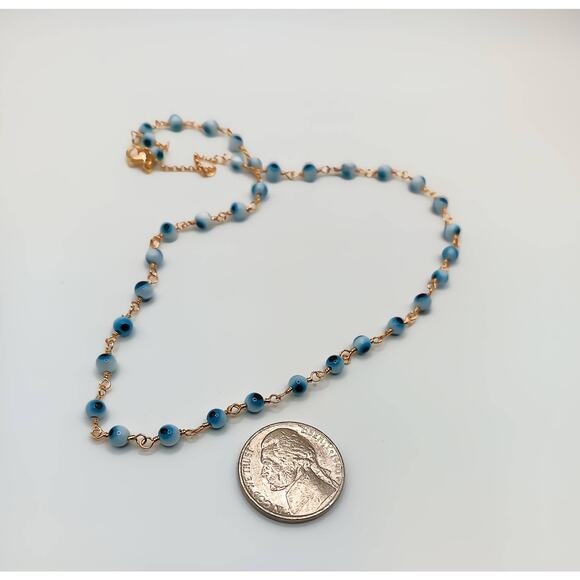 Blue Evil Eye Ceramic Bead Choker Necklace 15–17" Gold Tone Chain New - Picture 3 of 3